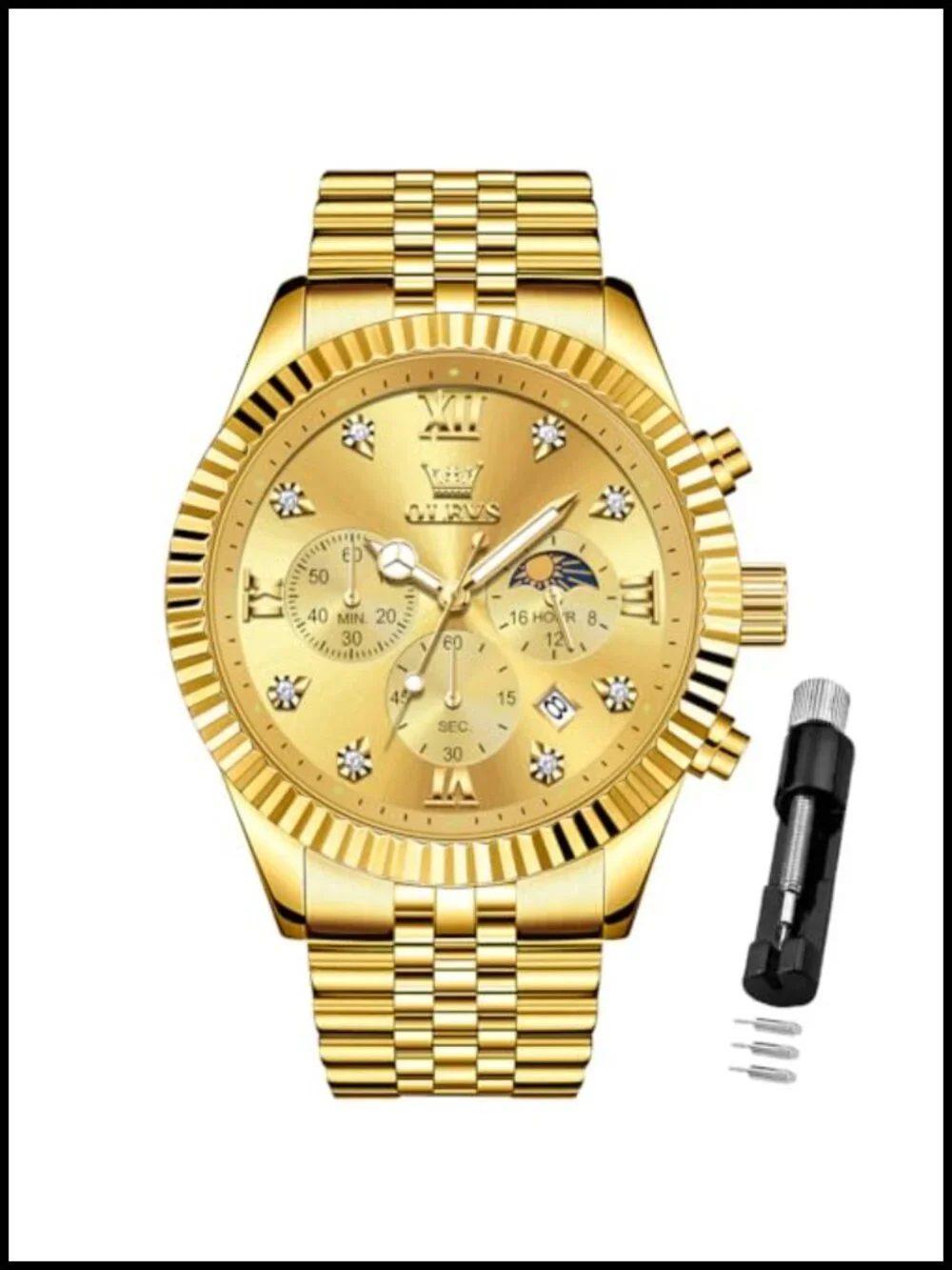 Mens Chronograph Moon Phase Stainless Steel Wrist Watch